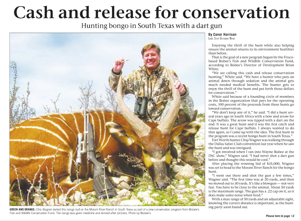 Page 1 - Catch & Release Conservation Bongo Hunt news article published in the LoneStar Outdoor News Volume 11 Issue 20 on June 12, 2015
